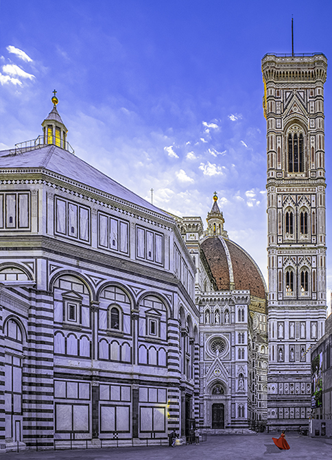 Duomo in Florance with woman in red dancing in foreground